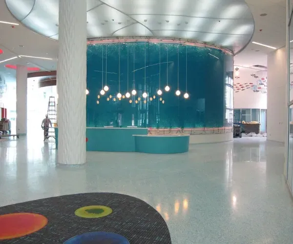 Curved teal bubble wall behind a reception desk in a children's hospital lobby