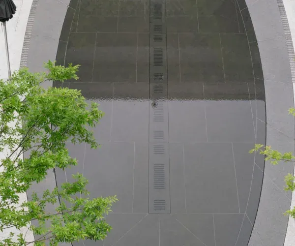 Curved granite monolith rising from a reflection pool beside a young tree