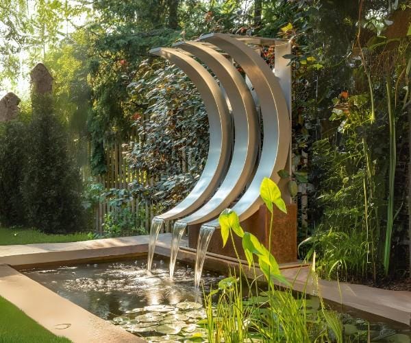 Curved steel crescent water sculpture cascading in a garden