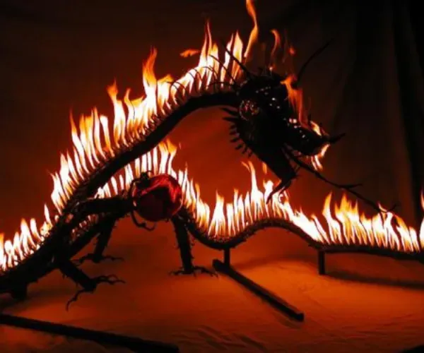 Steel dragon sculpture breathing sequenced flame jets at night