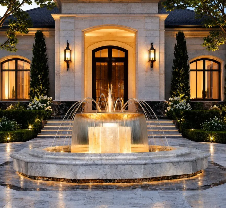 Classic carved stone fountain lit at night before an entrance