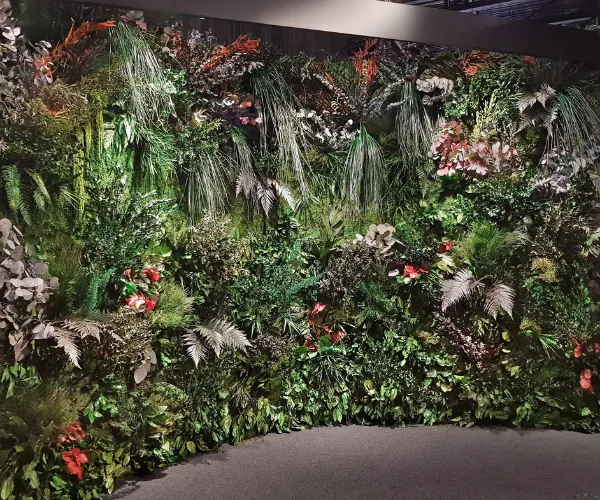 Tropical preserved green wall wrapping a dark interior room