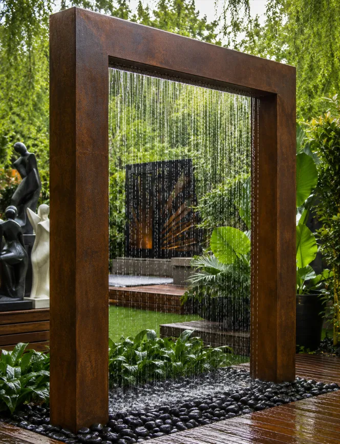 Rain curtain falling inside a corten steel frame beside a planted wall