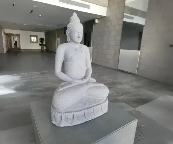 Carved stone Buddha sculpture with a reflection basin in a lobby