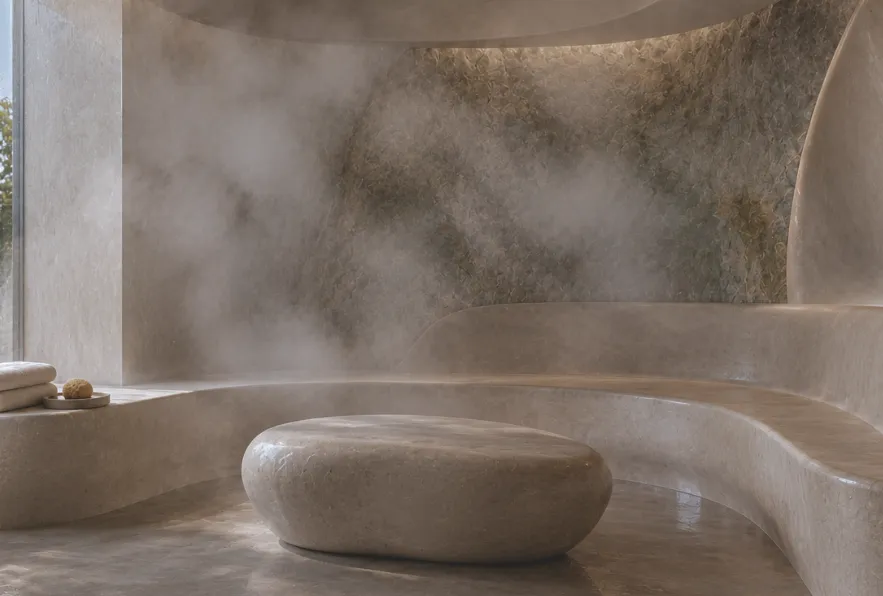 Luxury steam room with lit stone benches and a glass door